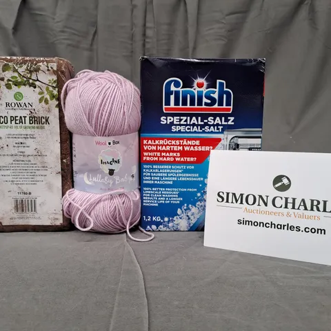 BOX OF APPROXIMATELY 20 ASSORTED HOUSEHOLD ITEMS TO INCLUDE FINISH SPECIAL-SALT, WOOL BOX KNITTING YARN, ROWAN COCO PEAT BLOCK, ETC