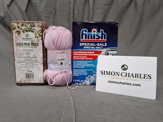 BOX OF APPROXIMATELY 20 ASSORTED HOUSEHOLD ITEMS TO INCLUDE FINISH SPECIAL-SALT, WOOL BOX KNITTING YARN, ROWAN COCO PEAT BLOCK, ETC