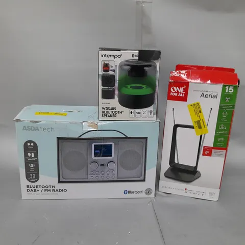 APPROXIMATELY 20 ASSORTED TECH PRODUCTS TO INCLUDE BLUETOOTH SPEAKER, BLUETOOTH DAB+ RADIO, HDTV INDOOR AERIAL 