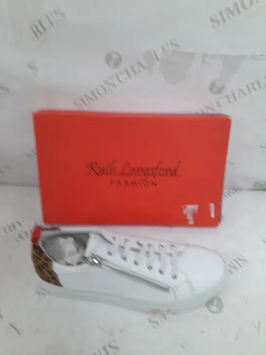 BOXED PAIR OF RUTH LANGSFORD TRAINERS IN WHITE LEOPARD PRINT SIZE 8