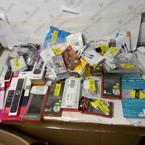 LOT OF APPROX. 40 ASSORTED ELECTRONICS TO INCLUDE TV REMOTES, CHARGING CABLES, EARPHONES ETC