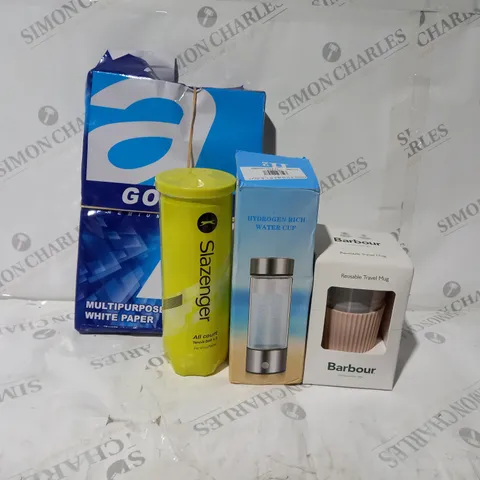 APPROXIMATELY 10 ASSORTED HOUSEHOLD ITEMS TO INCLUDE SLAZENGER TENNIS BALLS, MULTI-PURPOSE WHITE PAPER, BARBOUR REUSABLE TRAVEL MUG, HYDROGEN RICH WATER CUP