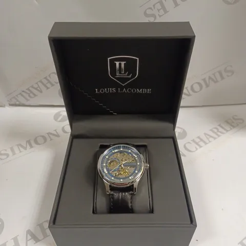 MENS LOUIS LACOMBE AUTOMATIC WATCH – SKELETON DIAL – GLASS EXHIBITION BACK CASE – LEATHER STRAP