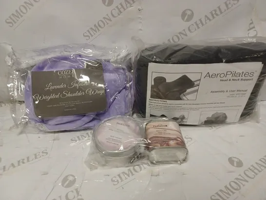 LOT OF APPROXIMATELY 14 ITEMS TO INCLUDE COZEE HOME LAVENDER INFUSED WEIGHTED SHOULDER WRAP, WE ARE PARADOX REPAIR AND MOISTURISE KIT, AEROPILATES HEAD & NECK SUPPORT, ETC