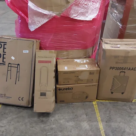 PALLET OF ASSORTED ITEMS INCLUDING: VACUUM CLEANER, BLADELESS PURIFIER & HEATER FAN, SUITCASE, CHILDREN'S TRICYCLE, WALKING FRAME