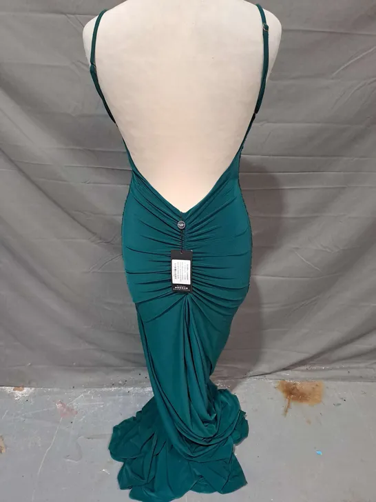 CLUB LONDON ADELE BACKLESS RUCHED FISHTAIL CAMI MAXI DRESS IN BOTTLE GREEN SIZE 8