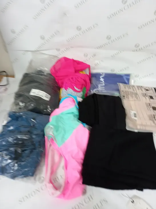 LARGE BOX OF ASSORTED CLOTHING ITEMS IN VARIOUS COLOURS AND SIZES INCLUDING TROUSERS , TOPS AND JUMPERS 