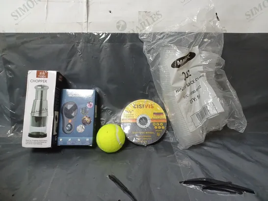 BOX OF APPROXIMATELY 8 ASSORTED ITEMS TO INCLUDE - TENNIS BALL , DIGITAL MICROSCOPE , CHOPPER ETC