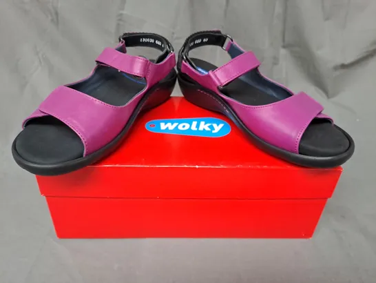 BOXED PAIR OF WOLKY OPEN TOE WEDGE SANDALS IN PURPLE EU SIZE 40