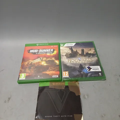 LOT OF 3 XBOX ONE VIDEO GAMES TO INCLUDE GRAND THEFT AUTO 5, HOGWARTS LEGACY AND MUD RUNNER