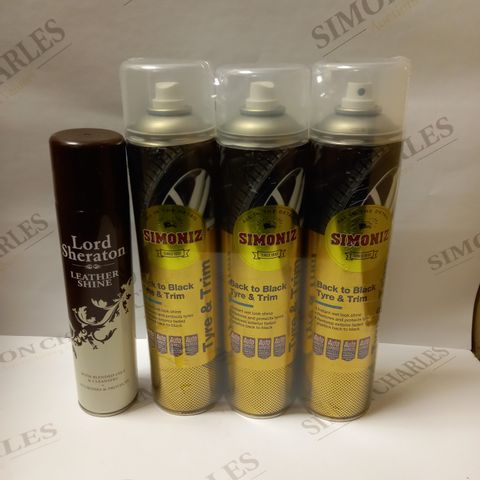 BOX OF APPROX 8 ASSORTED AEROSOLS TO INCLUDE SIMONIZ BACK TO BLACK TYRE AND TRIM SPRAY AND LORD SHERATON LEATHER SHINE