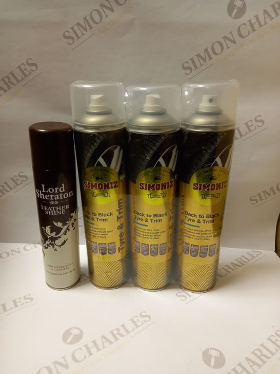 BOX OF APPROX 8 ASSORTED AEROSOLS TO INCLUDE SIMONIZ BACK TO BLACK TYRE AND TRIM SPRAY AND LORD SHERATON LEATHER SHINE