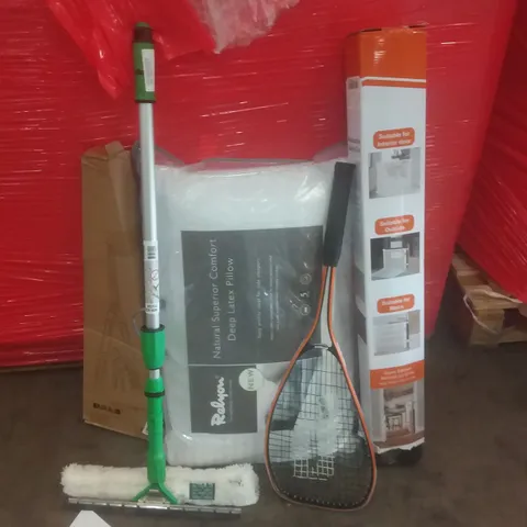 PALLET OF ASSORTED ITEMS INCLUDING RETRACTABLE SAFETY GATE, DEEP LATEX PILLOW, HEDGE TRIMMERS