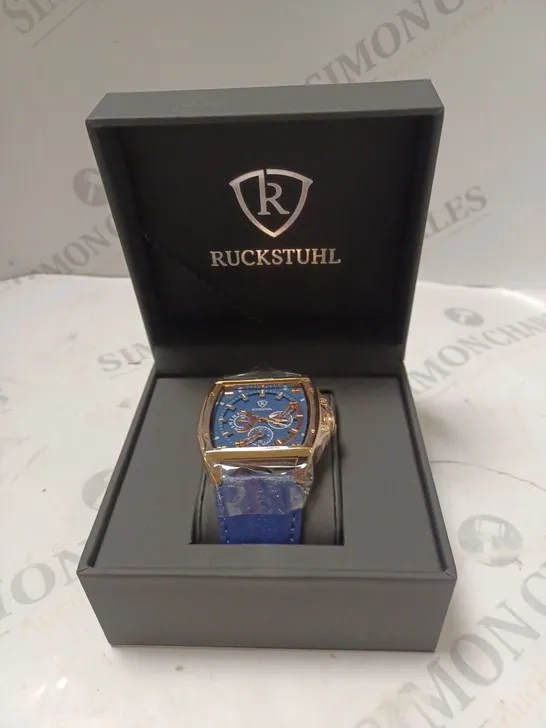 MEN’S RUCKSTUHL R300 CHRONOGRAPH WATCH – GOLD COLOUR CASE - BLUE MULTI FUNCTION DIAL – 3ATM WATER RESISTANT – GENUINE LEATHER STRAP