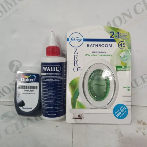 LOT OF APPROXIMATELY 10 ASSORTED HOUSEHOLD ITEMS TO INCLUDE FEBREEZE BATHROOM AIR FRESHENER, WAHL CLIPPER OIL, DULUX EARTHEN CREAM 4, ETC