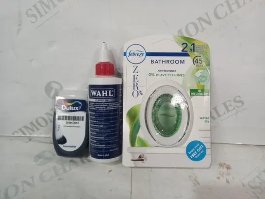 LOT OF APPROXIMATELY 10 ASSORTED HOUSEHOLD ITEMS TO INCLUDE FEBREEZE BATHROOM AIR FRESHENER, WAHL CLIPPER OIL, DULUX EARTHEN CREAM 4, ETC