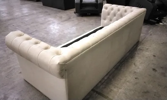 DESIGNER OFF WHITE LEATHER CHESTERFIELD STYLE 3 SEATER SOFA (CUSHIONS MISSING)