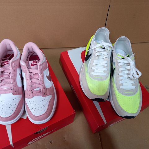 2 PAIRS NIKE WOMENS' TRAINERS: PINK DUNK LOW GS UK SIZE 3; LIME W NIKE WAFFLE ONE UK SIZE 5