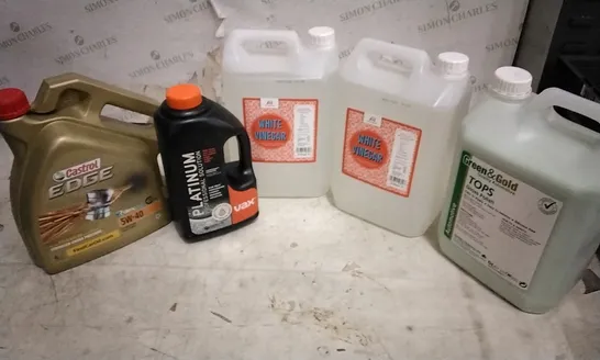 2 TOTES OF ASSORTED PRODUCTS INCLUDING MOTOR OIL, CARPET CLEANING SOLUTION, WHITE VINEGAR AND AUTOMOTIVE GLASS POLISH