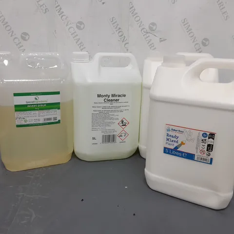 4 ASSORTED PRODUCTS TO INCLUDE INVERTED SYRUP 5KG, BAKER ROSS READY MIXED PAINT 5-LITRE, MONTY MIRACLE CLEANER 5-LITRE 