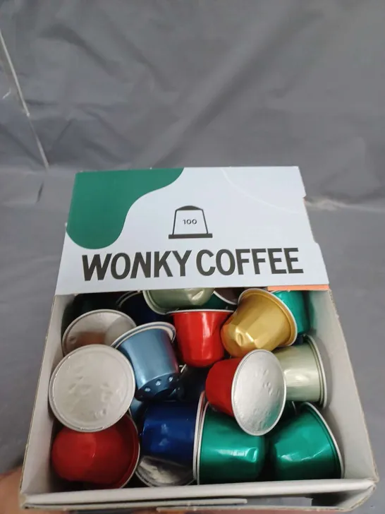 BOXED LOT OF APPROXIMATELY 100 WONKY COFFEE PODS ASSORTED FLAVOURS