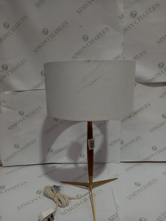 WOODEN LAMP WITH BRASS BASE & WHITE LAMP SHADE