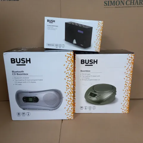 BOX OF APPROX 4 ASSORTED BUSH ITEMS TO INCLUDE - BLUETOOTH CD BOOMBOX , BOOMBOX , PORTABLE DAB/FM RADIO 