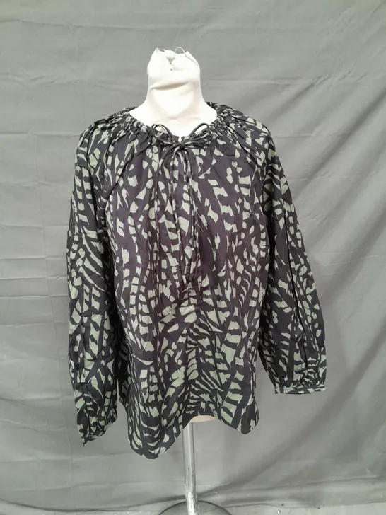 HUSH MONIKA TIE BLOUSE IN ABSTRACT BOHO CHARCOAL SIZE 12