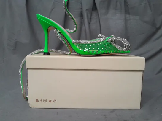 BOXED PAIR OF PUBLIC DESIRE POINTED TOE HEELS IN NEON GREEN W. JEWEL EFFECT UK SIZE 5