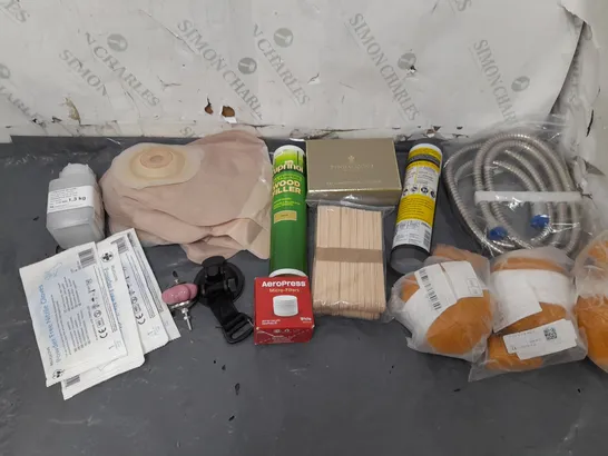 TOTE OF APPROXIMATELY 15 ASSORTED HOUSEHOLD ITEMS TOO INCLUDE NITRILE GLOVES, WOOD FILLER, AND AEROPRESS MICRO FILLER ETC. 