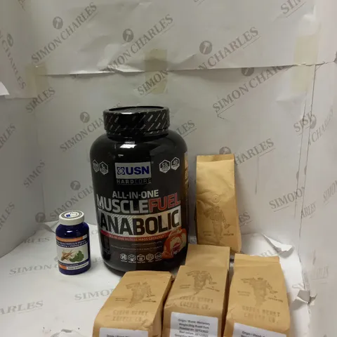 LOT OF ASSORTED FOOD AND DRINK ITEMS TO INCLUDE ALL-IN-ONE MUSCLE FUEL, ZIPVIT AND GREEN BERET COFFEE