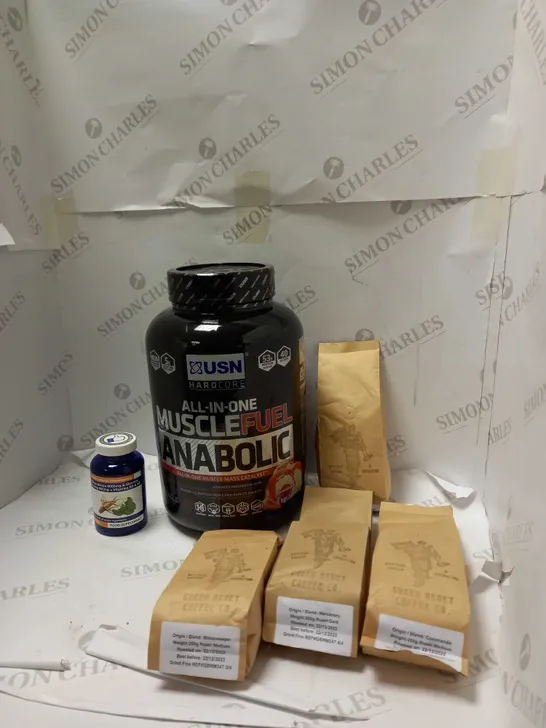 LOT OF ASSORTED FOOD AND DRINK ITEMS TO INCLUDE ALL-IN-ONE MUSCLE FUEL, ZIPVIT AND GREEN BERET COFFEE