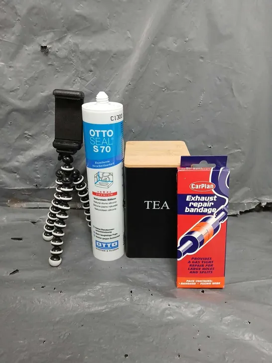 BOX OF APPROXIMATELY 15 ASSORTED ITEMS TO INCLUDE - TEA STORAGE , EXHAUST REPAIR BANDAGE , TRIPOD ETC