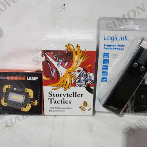 BOX OF APPROXIMATELY 10 ASSORTED HOUSEHOLD ITEMS TO INCUDE STORYTELLER  TACTICS, LOGILINK LUGGAGE SCALE, WORKING LAMP, ETC