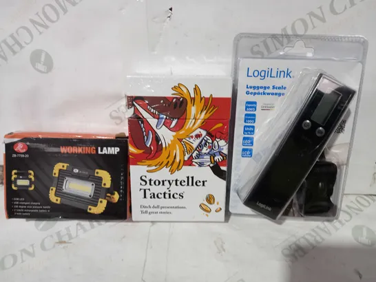 BOX OF APPROXIMATELY 10 ASSORTED HOUSEHOLD ITEMS TO INCUDE STORYTELLER  TACTICS, LOGILINK LUGGAGE SCALE, WORKING LAMP, ETC