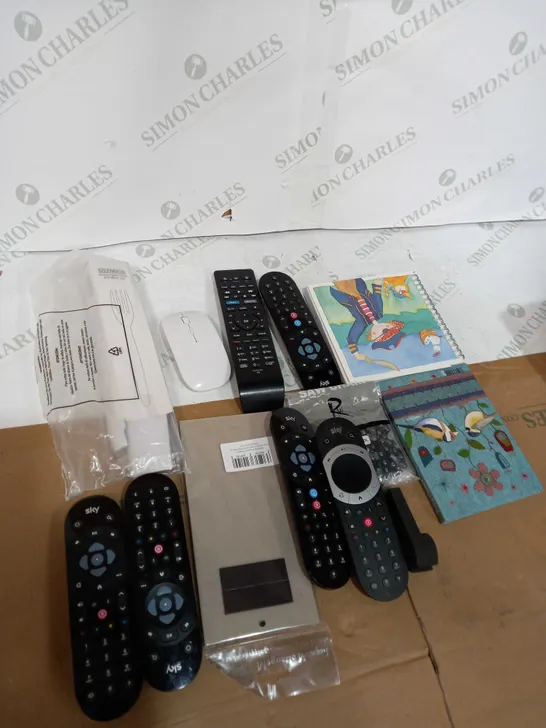 BOX OF ASSORTED HOUSEHOLD ITEMS TOO INCLUDE TV REMOTES 