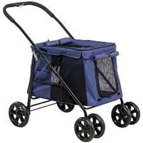 BOXED PAWHUT DOG PRAM DOG STROLLER 4 WHEELS PET PUSHCHAIR WITH ROLLING DOOR, CUSHION, SAFETY LEASHES, FOR SMALL AND MEDIUM DOGS, DARK BLUE