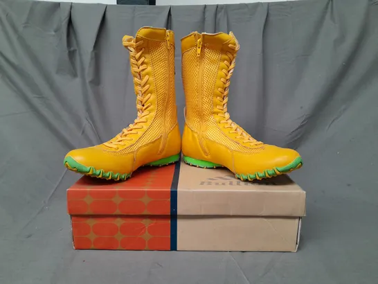 BOXED PAIR OF BULLION SIDE-ZIP LACE UP BOOTS IN YELLOW/GREEN EU SIZE 37