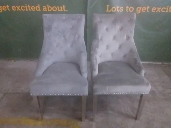 SET OF 2 DESIGNER BEWLEY UPHOLSTERED BUTTONED BACK DINING CHAIRS SLATE FABRIC CHROME LEGS