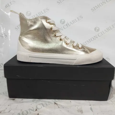 BOXED PAIR OF HUSH SKYE HI-TOP TRAINERS IN METALLIC GOLD COLOUR EU SIZE 40