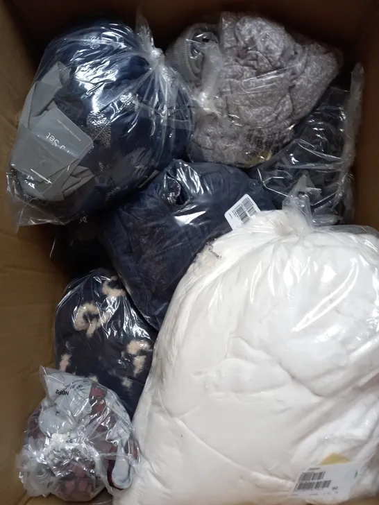 BOX OF APPROXIMATELY 12 CLOTHING ITEMS TO INCLUDE WRAP DRESS, TOPS, PYJAMA SET ETC