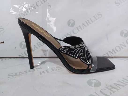 BOXED PAIR OF EGO OPEN TOE STILETTO HEELS IN BLACK WITH JEWELLED BUTTERFLY DETAIL UK 7