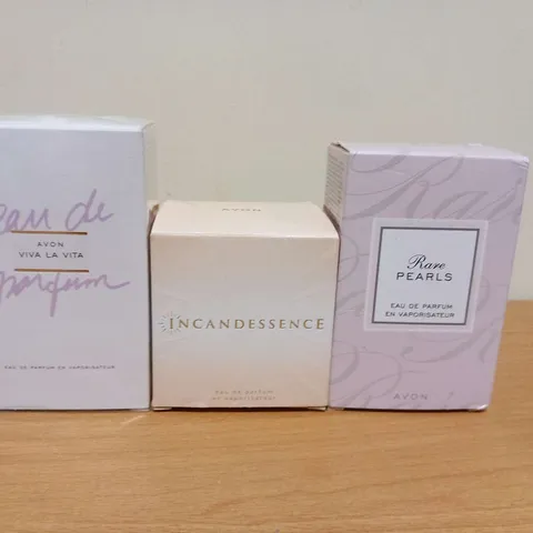 THREE ASSORTED BOXED AVON FRAGRANCES TO INCLUDE; VIVA LA VITA, INCANDESSENCE AND RARE PEARLS