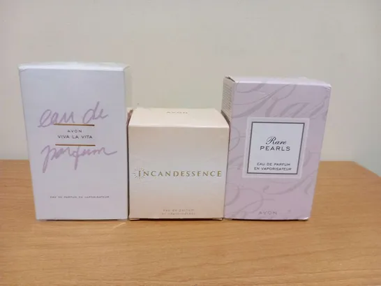 THREE ASSORTED BOXED AVON FRAGRANCES TO INCLUDE; VIVA LA VITA, INCANDESSENCE AND RARE PEARLS