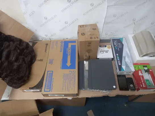 LOT OF APPROXIMATELY 14 ASSORTED ITEMS TO INCLUDE MULTI POSITION MONITOR STANDS, TONER CARTRIDGES, TABLET CASES AND YARDFORCE MOWER AND TRIMMER