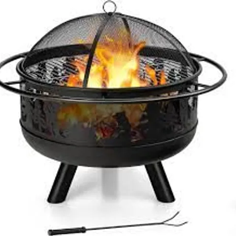 BOXED COSTWAY 77cm LARGE FIRE PIT BOWL WITH COOKING GRILL AND SPARK SCREEN COVER - BLACK 