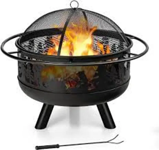 BOXED COSTWAY 77cm LARGE FIRE PIT BOWL WITH COOKING GRILL AND SPARK SCREEN COVER - BLACK 