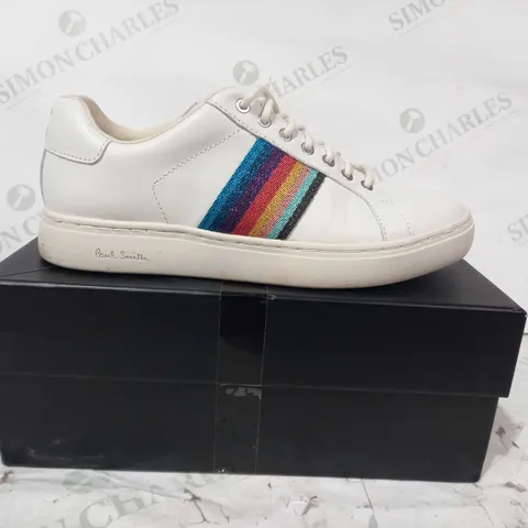 BOXED PAIR OF PAUL SMITH SNEAKERS IN WHITE W. RAINBOW DETAIL EU SIZE 37