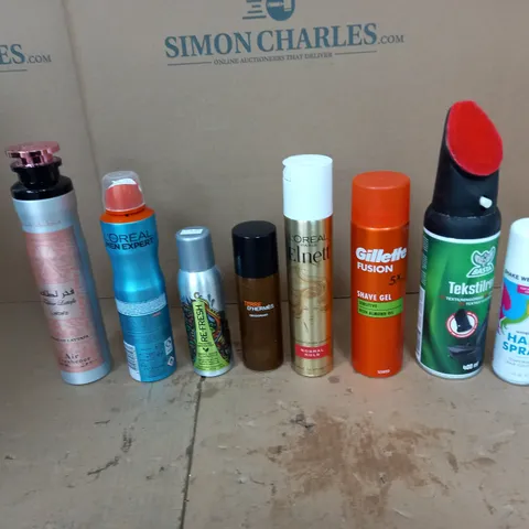 APPROXIMATELY 10 ASSORTED AEROSOLS TO INCLUDE LATTAFA AIR FRESHENER, LOREAL COOL POWER, GILLETTE FUSION SHAVE GEL ETC. 