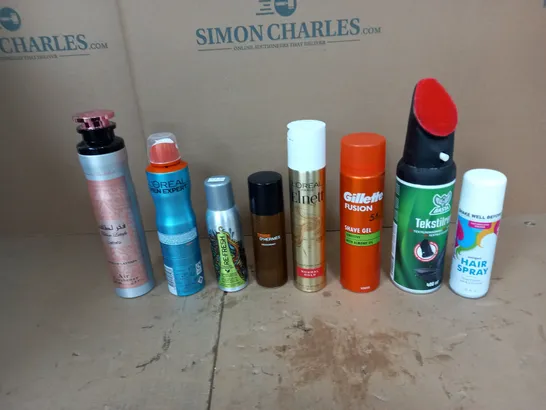 APPROXIMATELY 10 ASSORTED AEROSOLS TO INCLUDE LATTAFA AIR FRESHENER, LOREAL COOL POWER, GILLETTE FUSION SHAVE GEL ETC. 